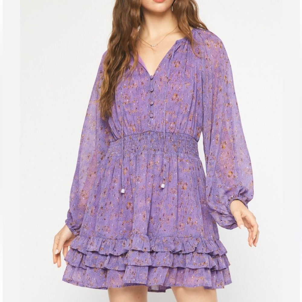 Entro Size Medium Floral Ruffle Long Sleeve Purple Dress - Picture 1 of 12